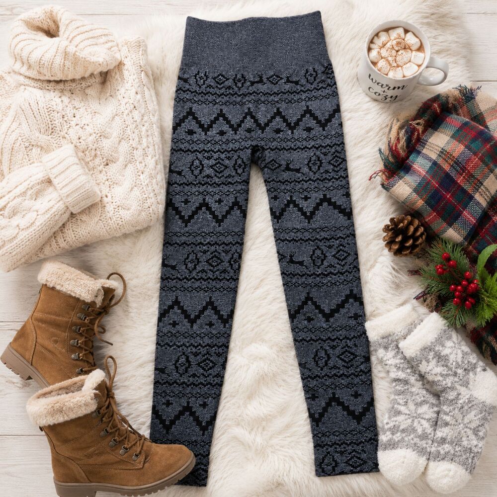 Muk Luks Fleece Lined Leggings M/L Gray Fair Isle Deer Winter Cozy Pants